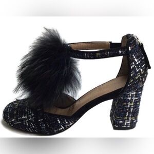 Bettye Mueller Black Tweed Heels with Fur Accent